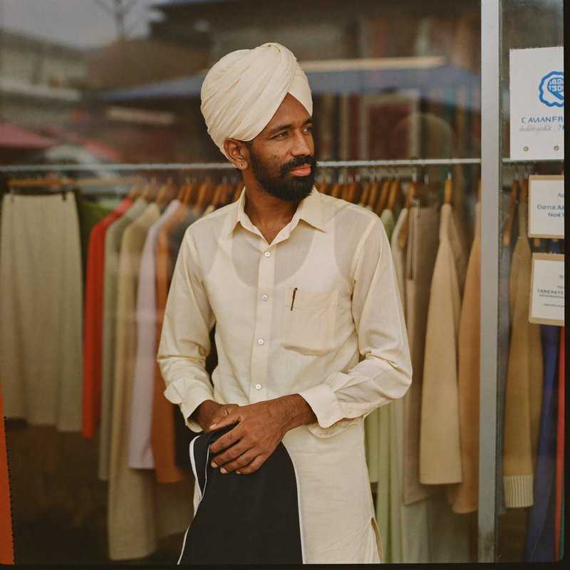 The owner of a small clothing boutique standing among racks of garments.