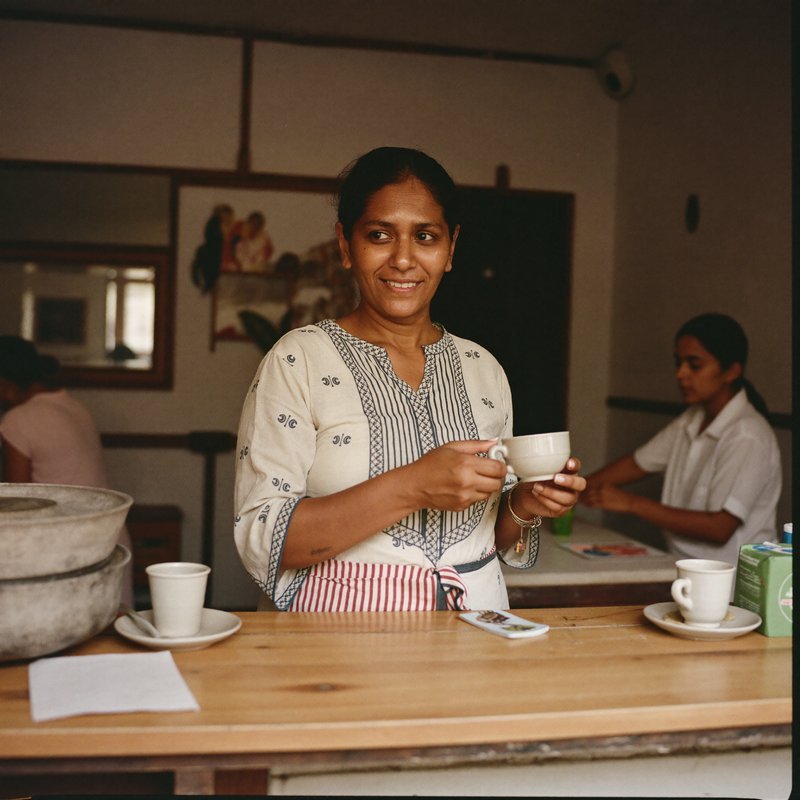 The owner of a small independent cafe behind the counter.
