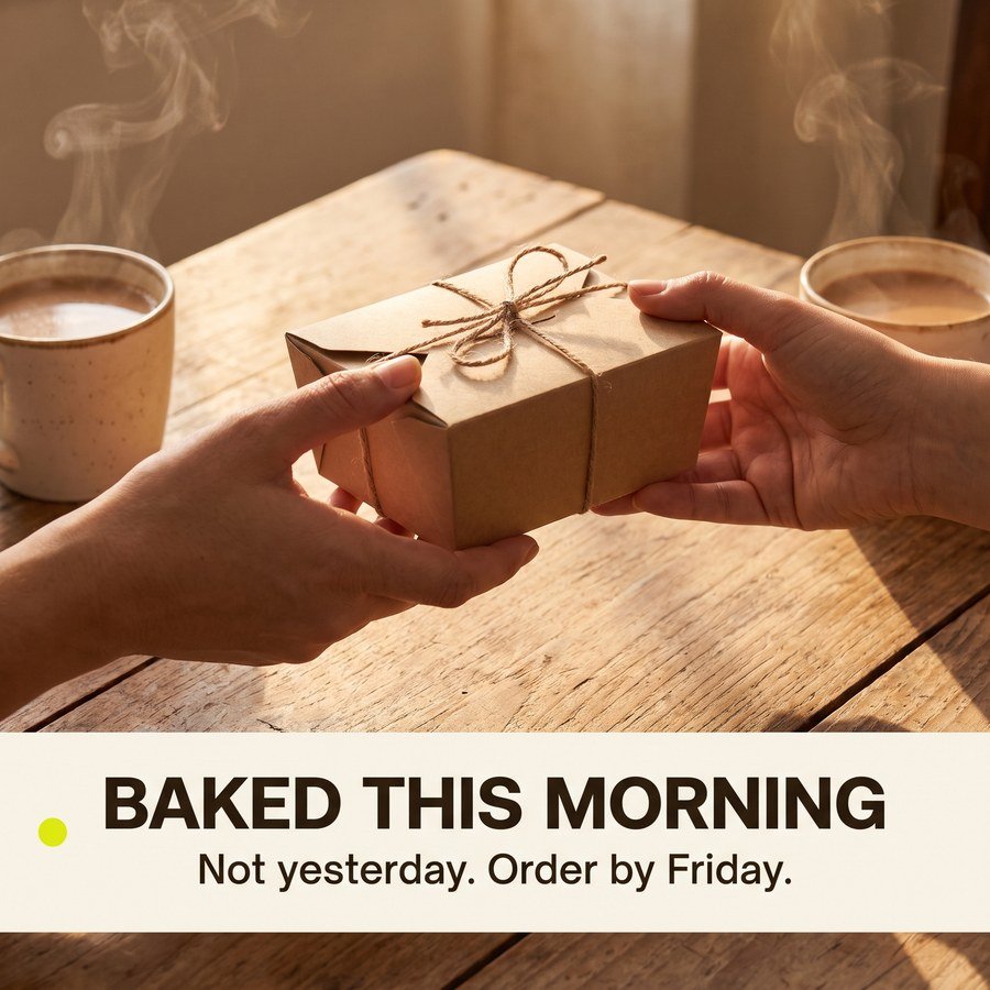 Bakery social post: hands passing a tied bakery box across a table with the headline Baked This Morning.